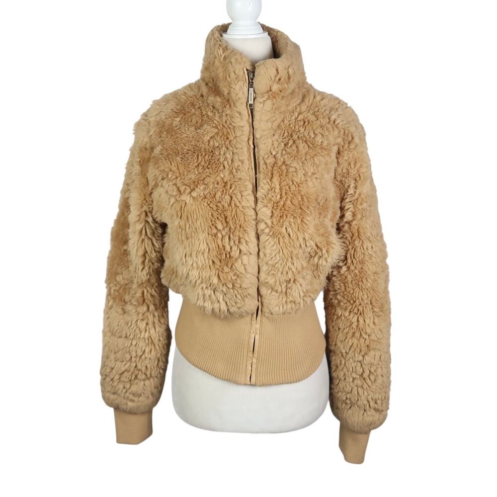 Vintage Y2K Jou Jou Tan Faux Fur Fluffy Bomber Jacket M